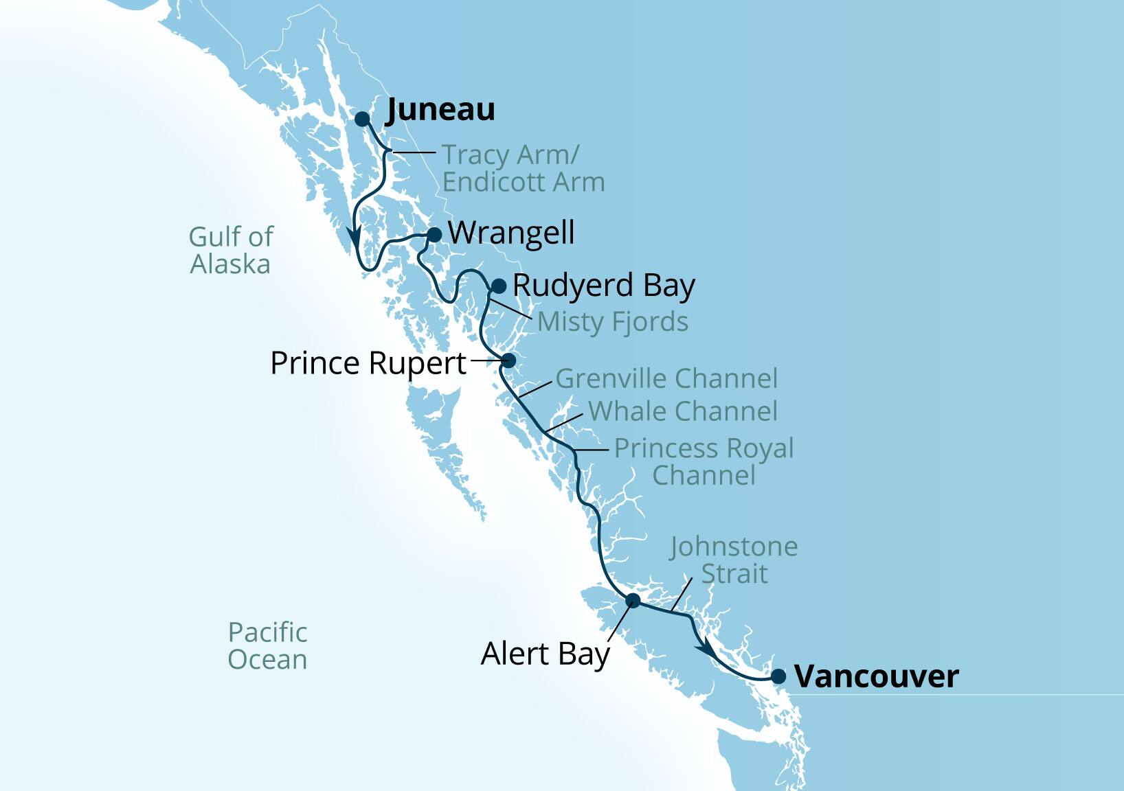 Seabourn Encore Voyage 7941 Juneau, Alaska, US to Vancouver, B.C., CA itinerary map, July 6-13 2029