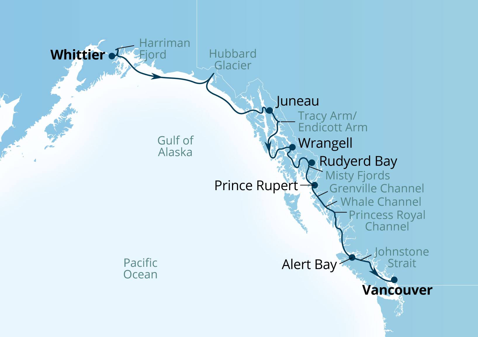 Seabourn Encore Voyage 7937 Whittier, Alaska, US to Vancouver, B.C., CA itinerary map, June 19-29 2029