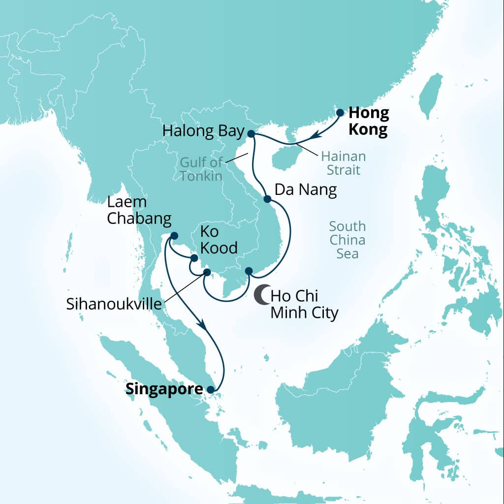 Seabourn Encore 14-day Hong Kong, China to Singapore itinerary map, January 3-17 2029