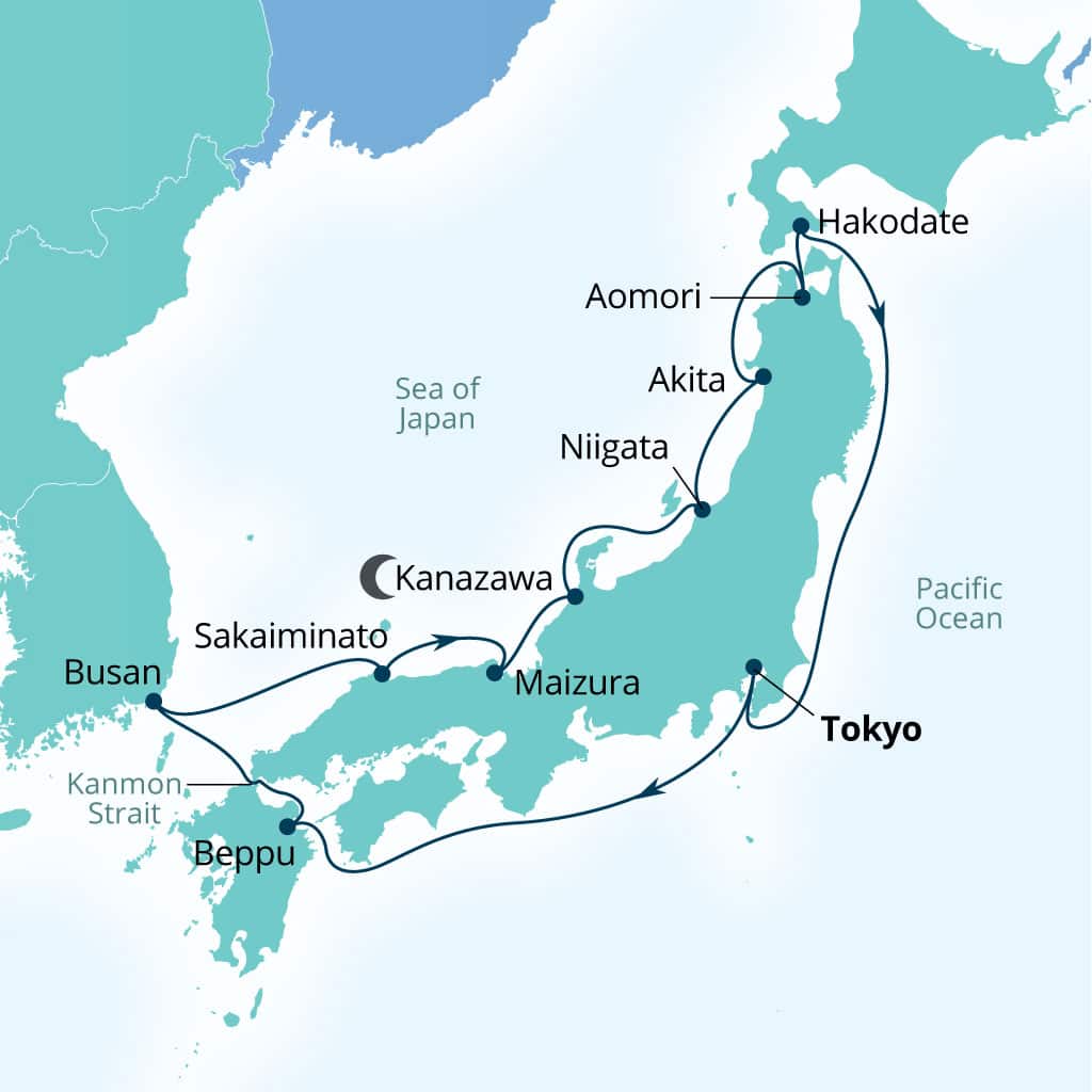 Seabourn Encore 14-day Tokyo, Japan to Tokyo, Japan itinerary map, April 7-21 2029