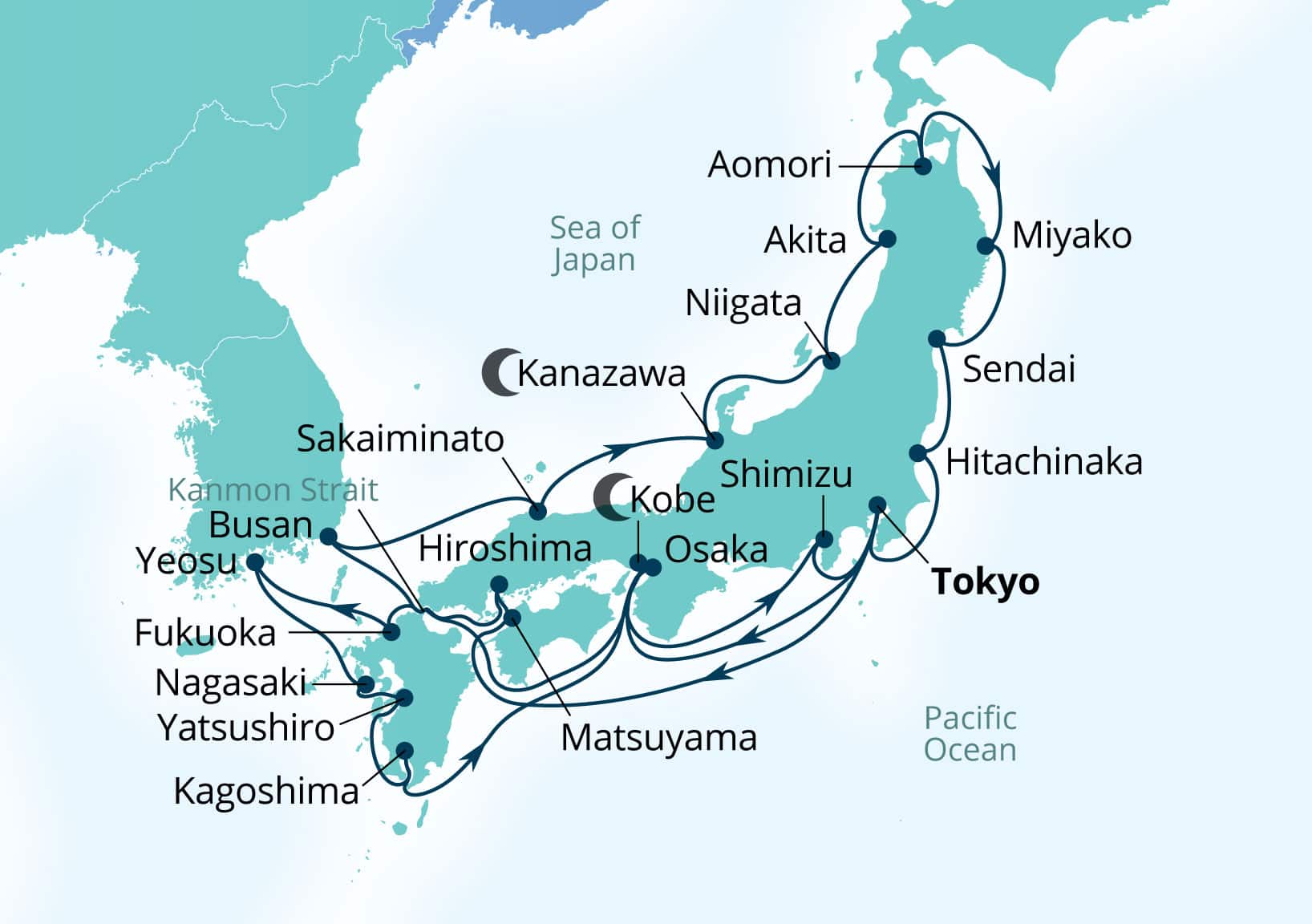 Seabourn Encore Voyage 7918A Tokyo, Japan to Tokyo, Japan itinerary map, 2029-02-24 to 2029-03-24