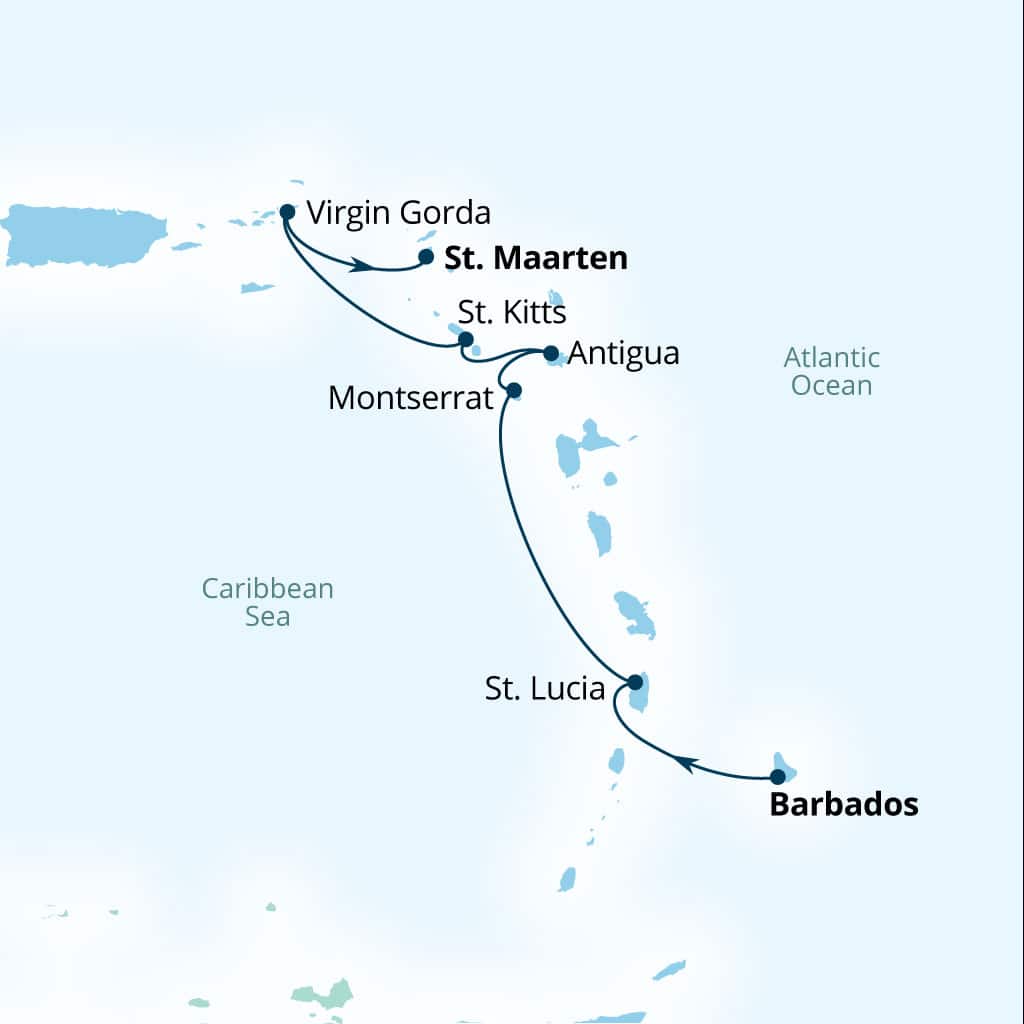 Seabourn Ovation 7-day Bridgetown, Barbados to Philipsburg, Sint Maarten itinerary map, November 28-December 5 2026