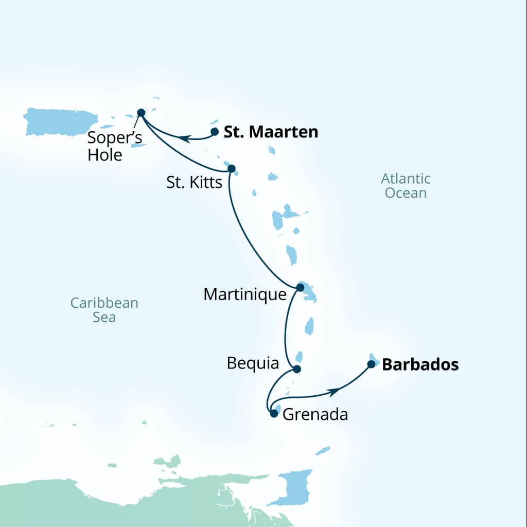 Seabourn Ovation 7-day Philipsburg, Sint Maarten to Bridgetown, Barbados itinerary map, December 5-12 2026