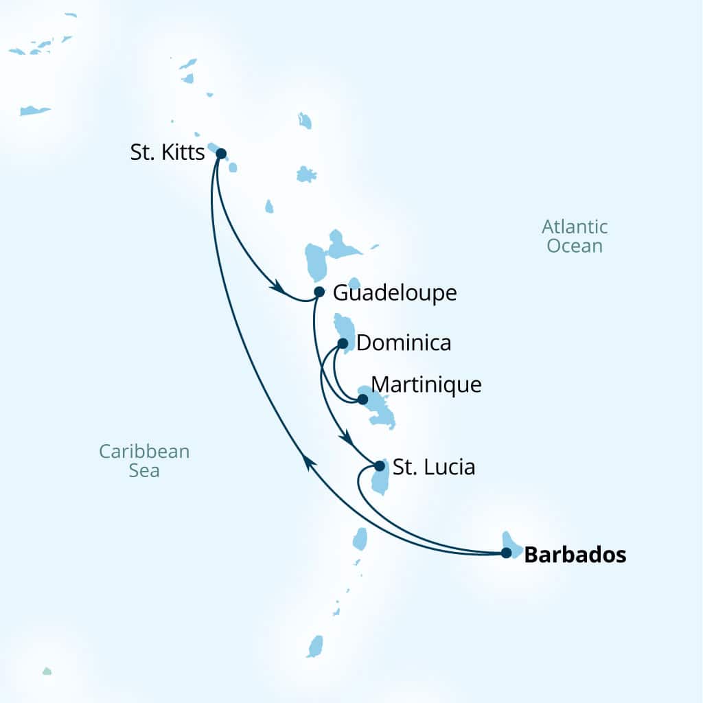 Seabourn Ovation 7-day Bridgetown, Barbados to Bridgetown, Barbados itinerary map, December 12-19 2026