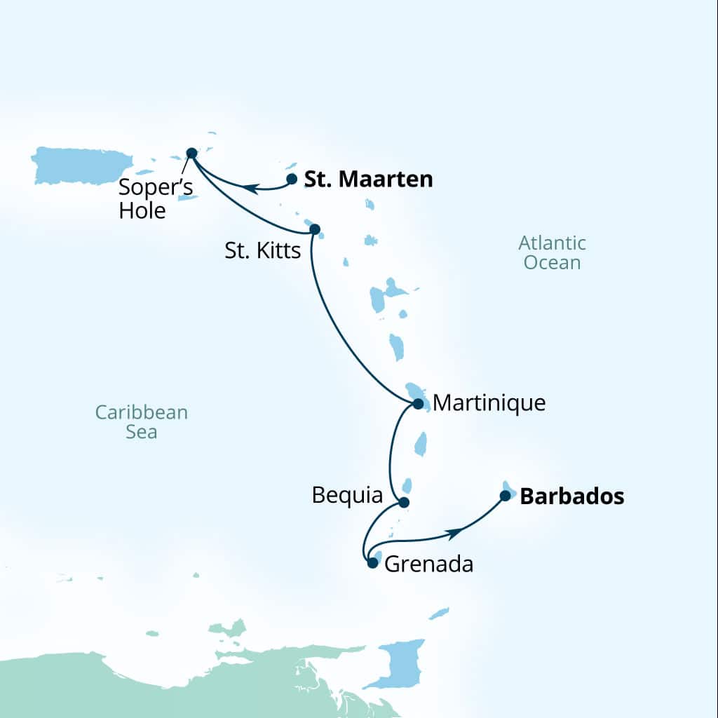 Seabourn Ovation 7-day Philipsburg, Sint Maarten to Bridgetown, Barbados itinerary map, December 26-January 2 2027