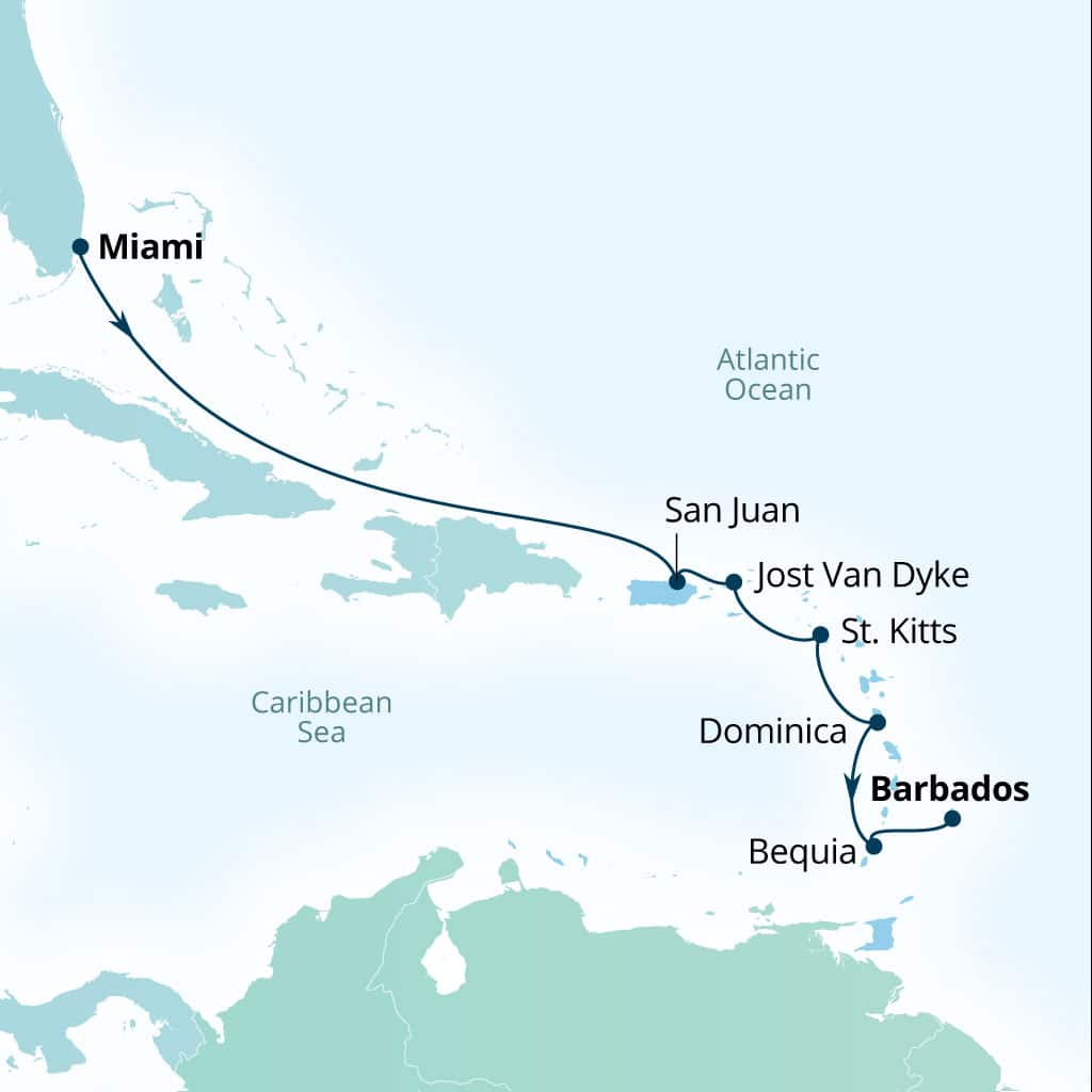 Seabourn Ovation 8-day Miami, Florida, US to Bridgetown, Barbados itinerary map, November 20-28 2026