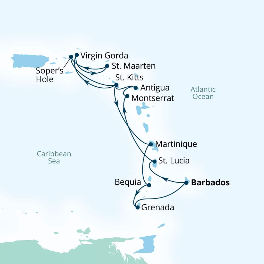 Seabourn Ovation 14-day Bridgetown, Barbados to Bridgetown, Barbados itinerary map, November 28-December 12 2026