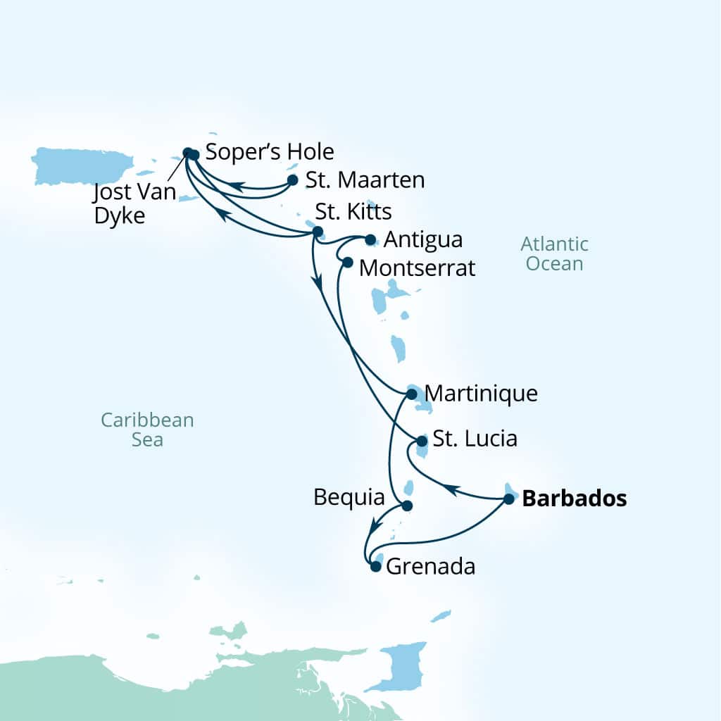 Seabourn Ovation 14-day Bridgetown, Barbados to Bridgetown, Barbados itinerary map, December 19-January 2 2027