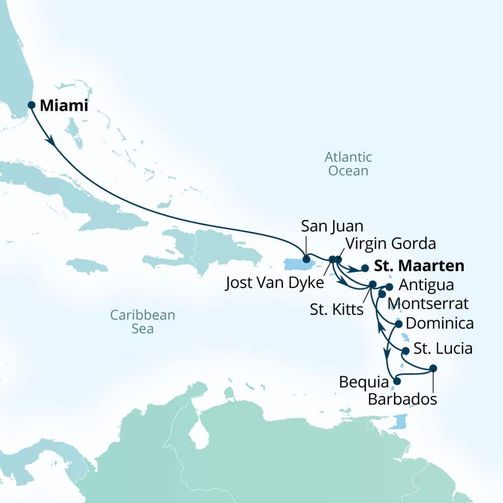 Seabourn Ovation 15-day Miami, Florida, US to Philipsburg, Sint Maarten itinerary map, November 20-December 5 2026