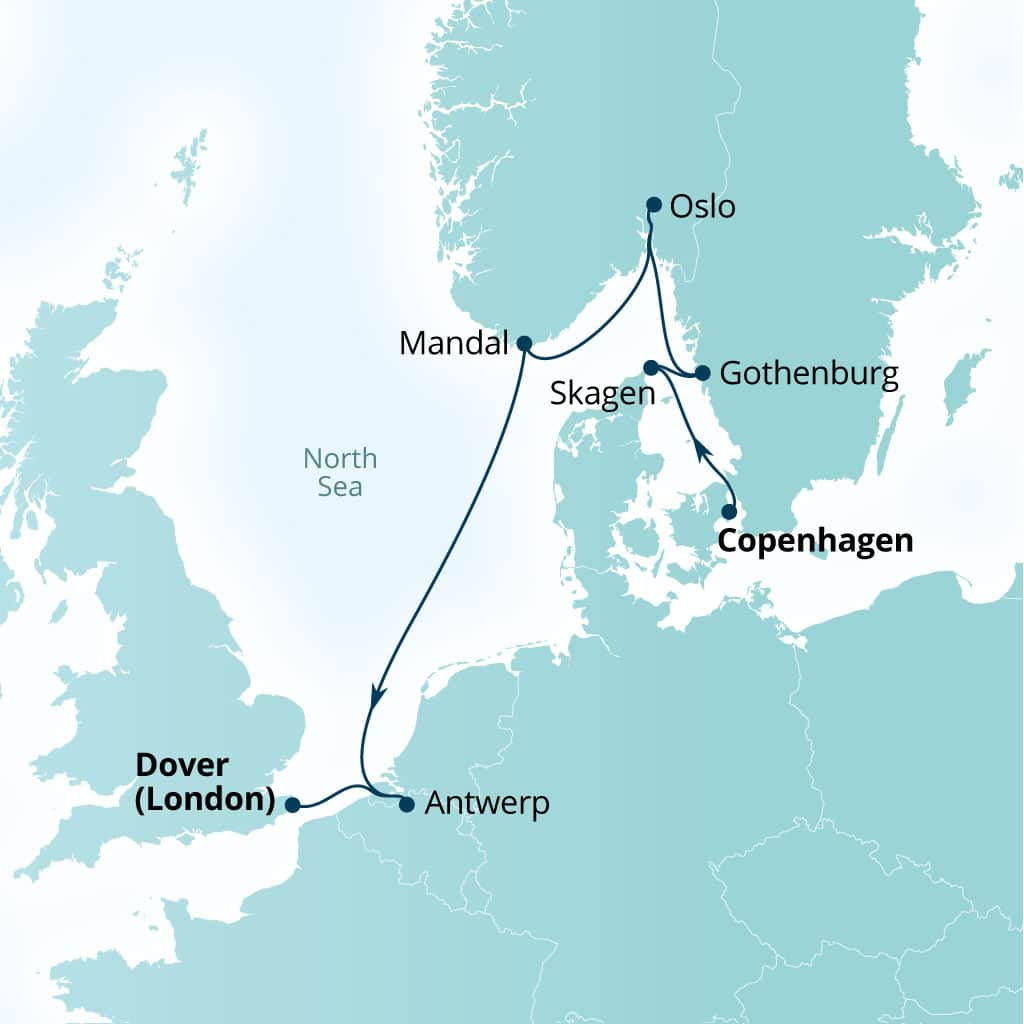 Seabourn Ovation 7-day Copenhagen, Denmark to Dover (London), England, UK itinerary map, August 1-8 2026