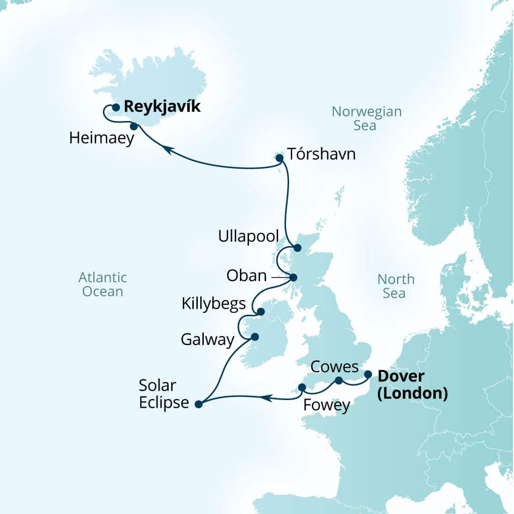 Seabourn Ovation 14-day Dover (London), England, UK to Reykjavik, Iceland itinerary map, August 8-22 2026