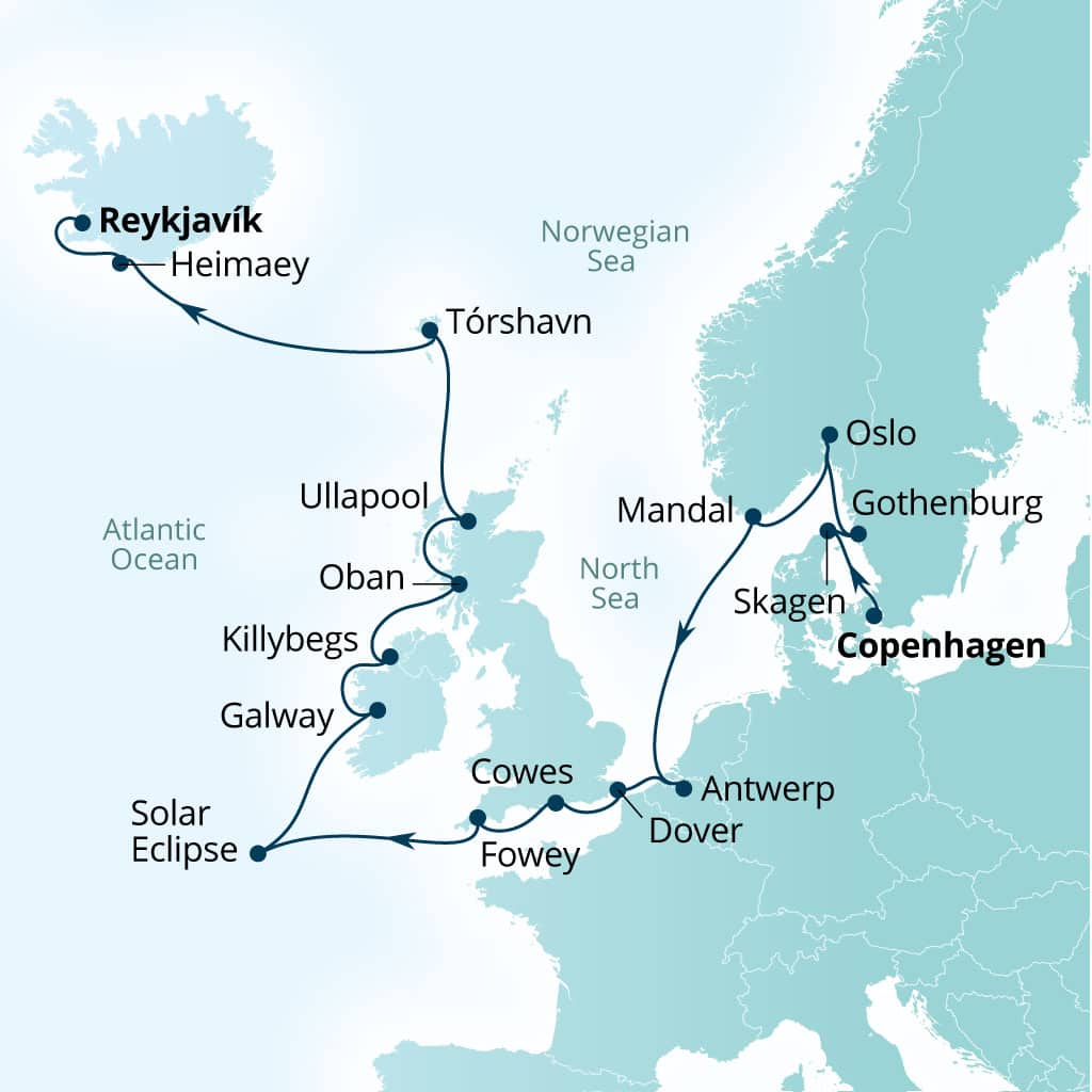 Seabourn Ovation 21-day Copenhagen, Denmark to Reykjavik, Iceland itinerary map, August 1-22 2026