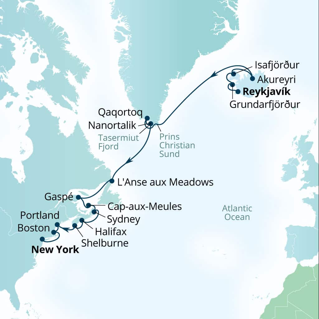 Seabourn Ovation 22-day Reykjavik, Iceland to New York, New York, US itinerary map, August 22-September 13 2026