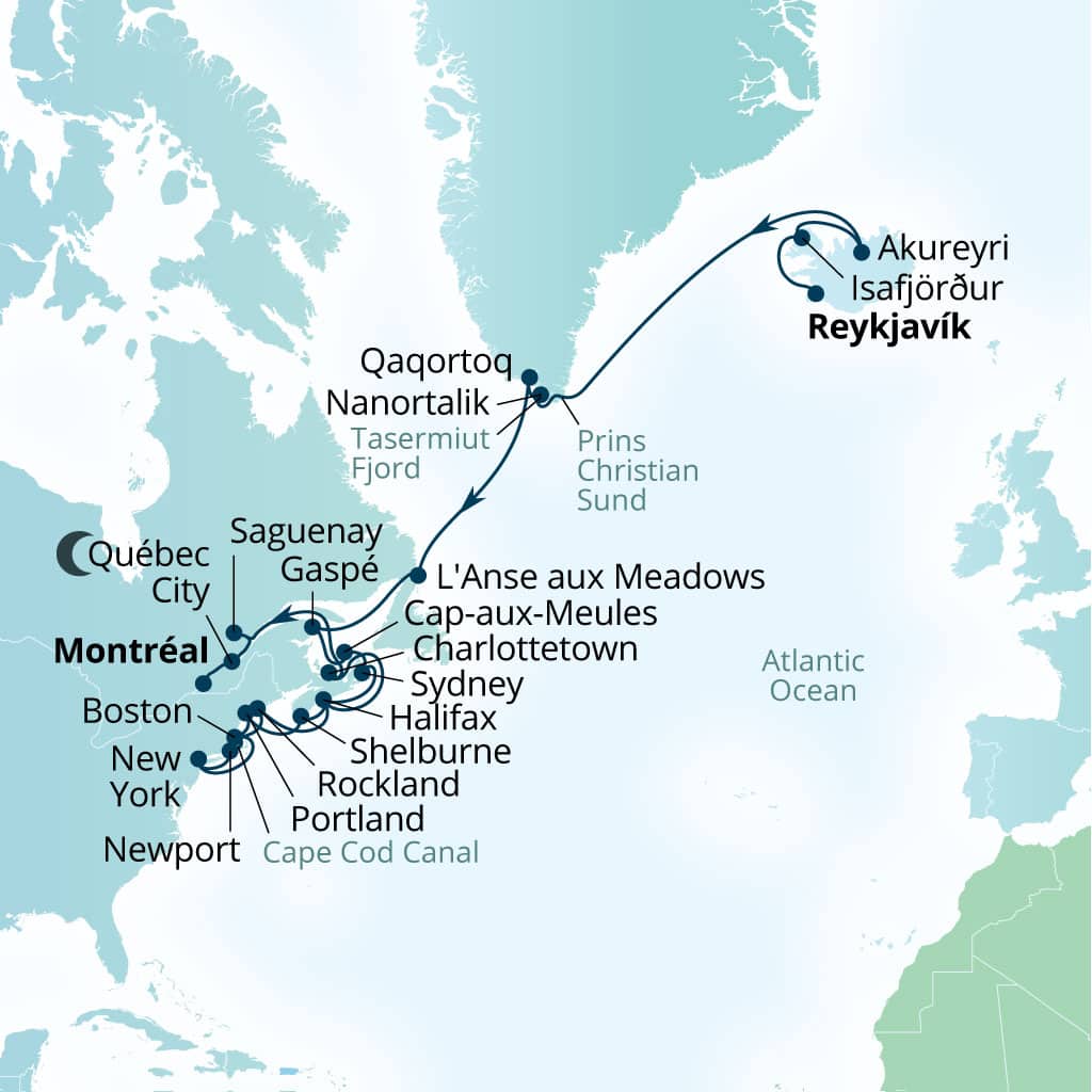 Seabourn Ovation 34-day Reykjavik, Iceland to Montreal, Quebec, Canada itinerary map, August 22-September 25 2026