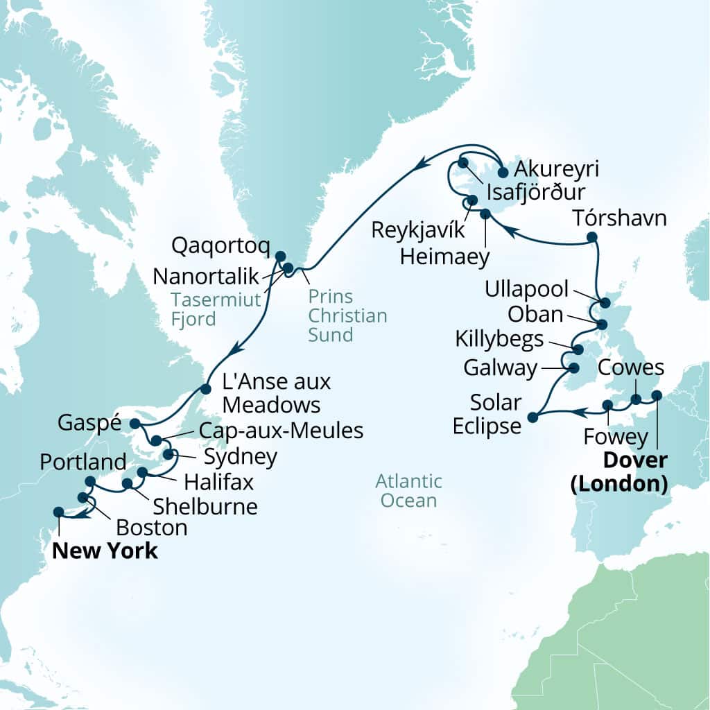 Seabourn Ovation 36-day Dover (London), England, UK to New York, New York, US itinerary map, August 8-September 13 2026