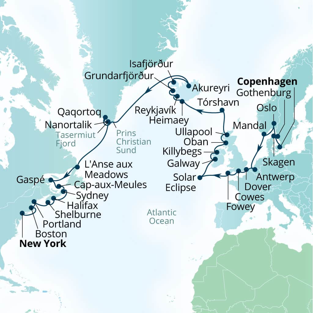 Seabourn Ovation 43-day Copenhagen, Denmark to New York, New York, US itinerary map, August 1-September 13 2026
