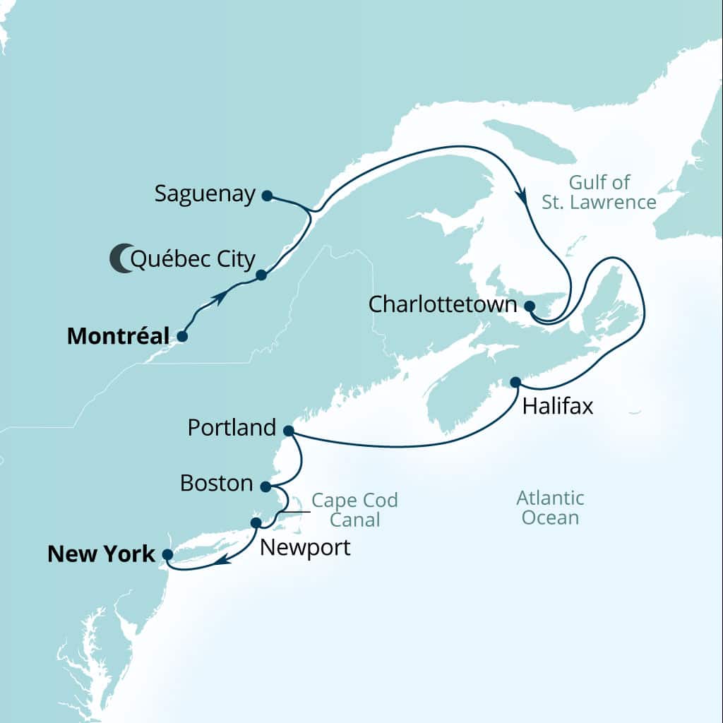 Seabourn Ovation 12-day Montreal, Quebec, Canada to New York, New York, US itinerary map, October 7-19 2026