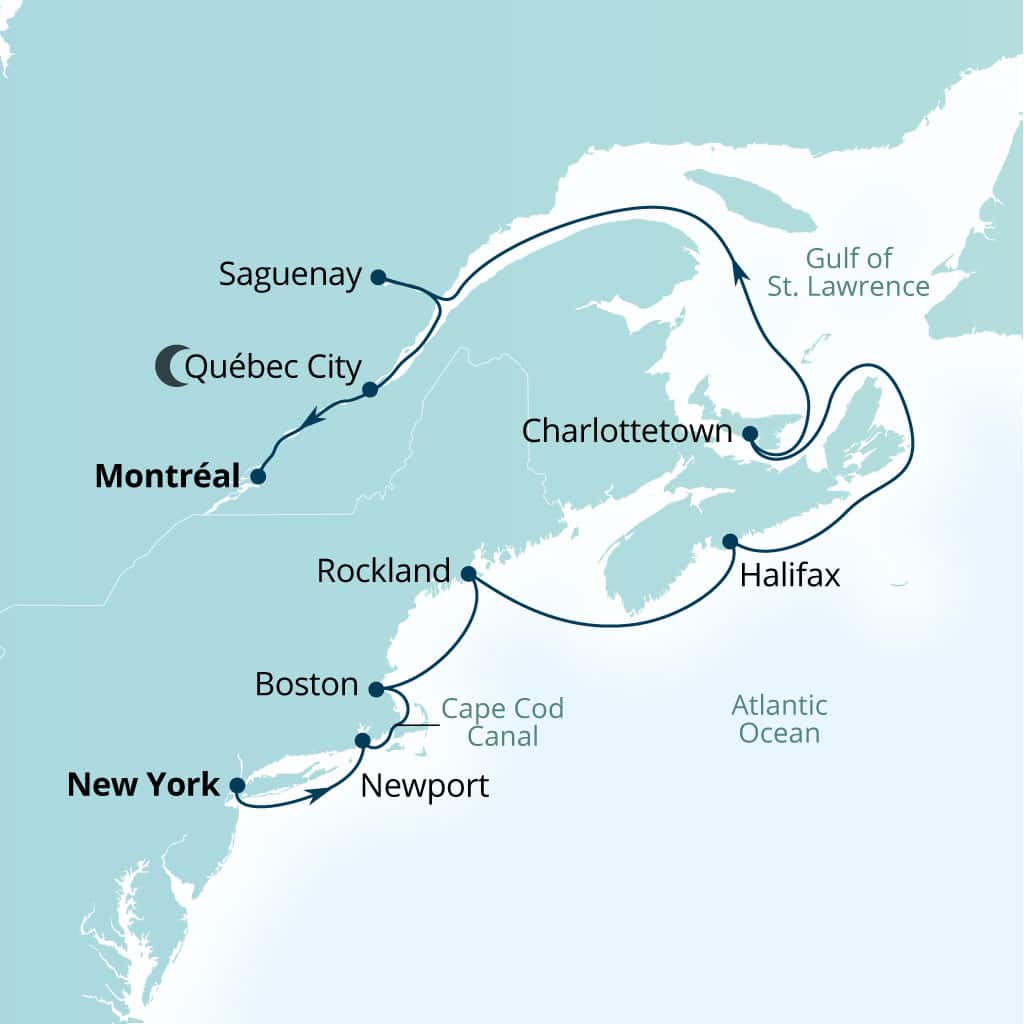 Seabourn Ovation 12-day New York, New York, US to Montreal, Quebec, Canada itinerary map, October 19-31 2026