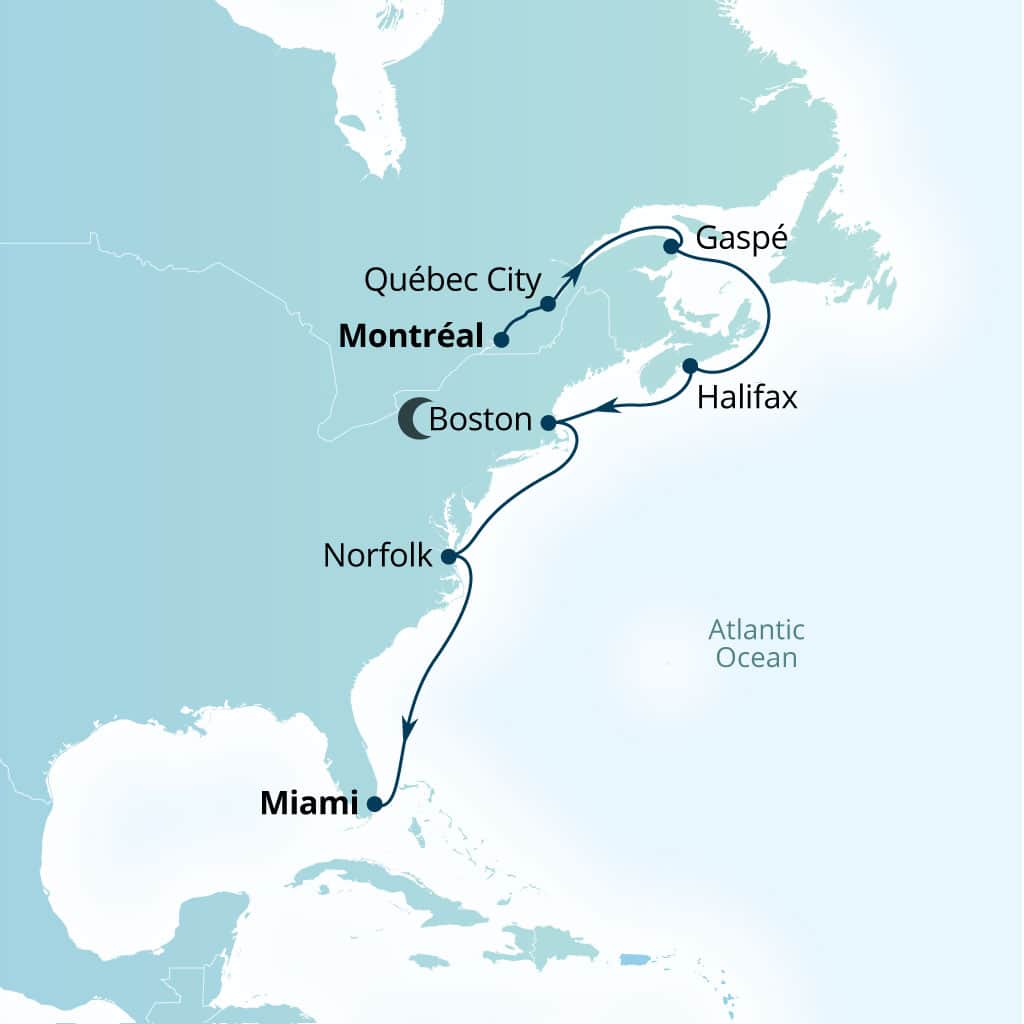 Seabourn Ovation 13-day Montreal, Quebec, Canada to Miami, Florida, US itinerary map, October 31-November 13 2026