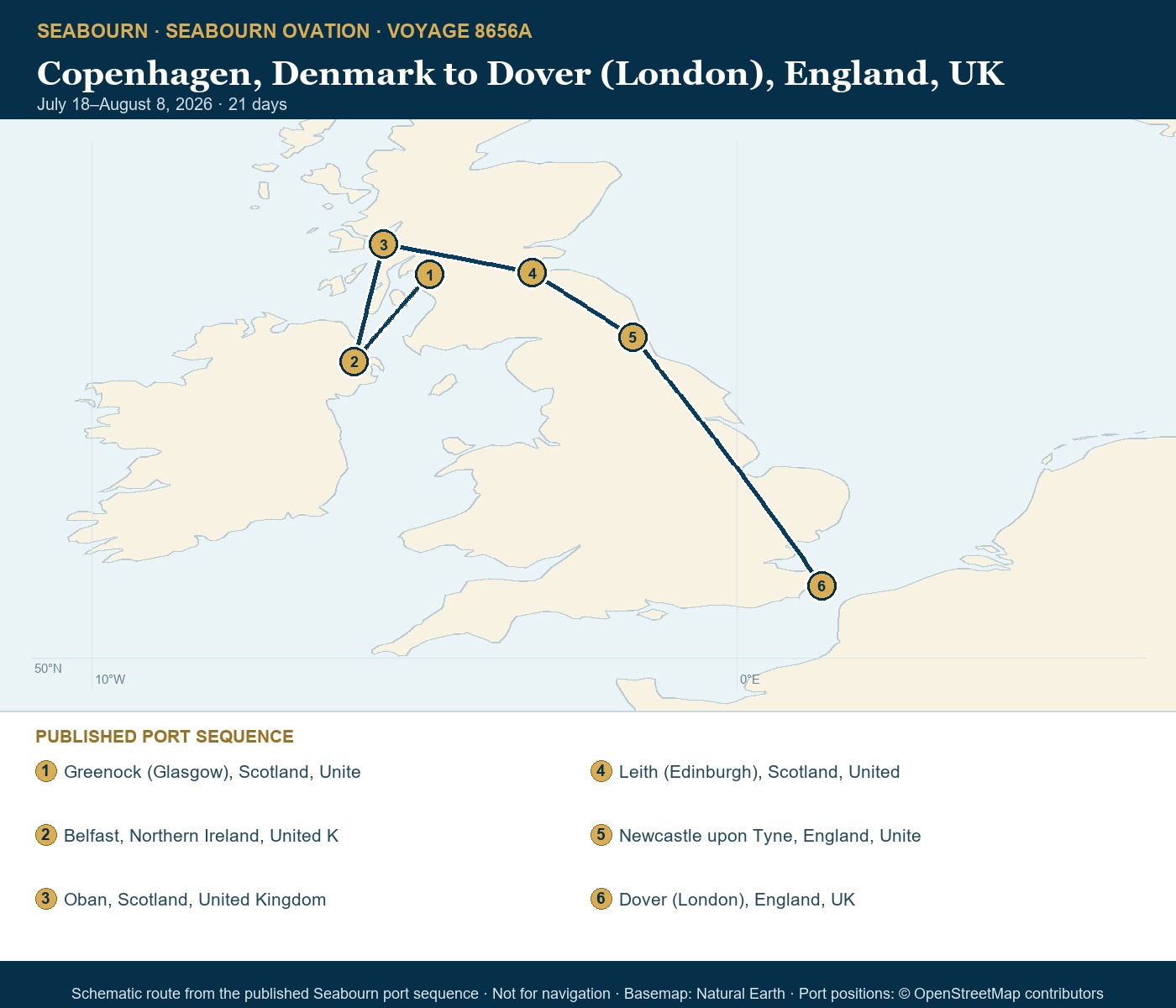 Seabourn Ovation Voyage 8656A Copenhagen, Denmark to Dover (London), England, UK itinerary map