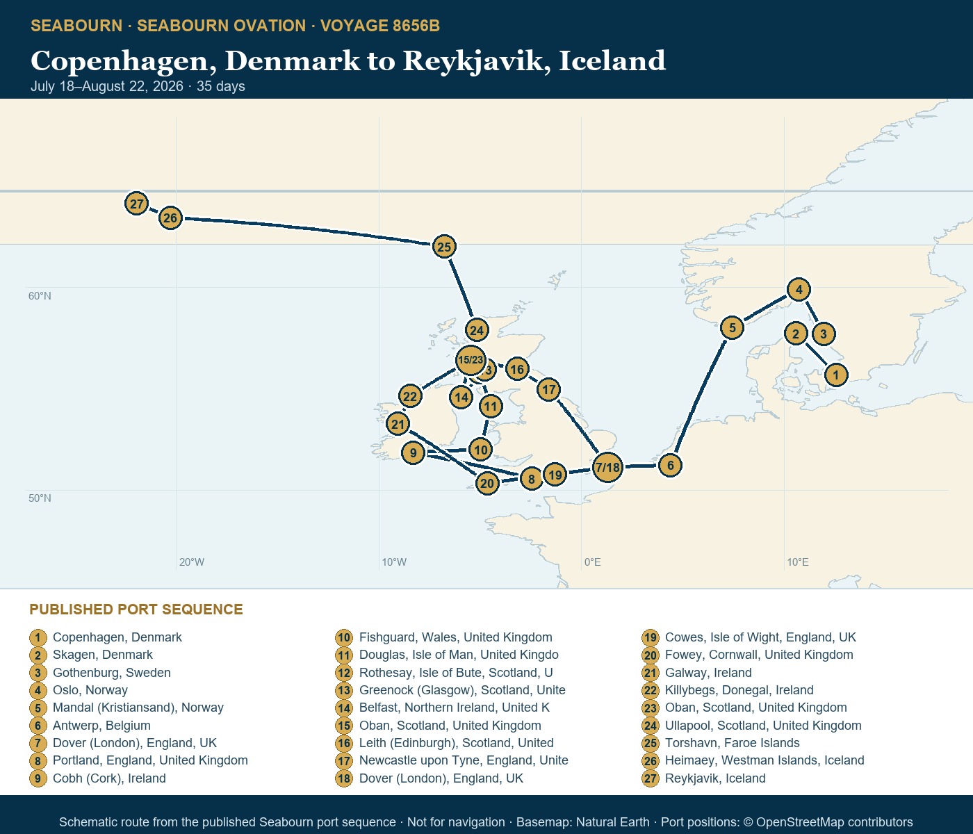 Seabourn Ovation Voyage 8656B Copenhagen, Denmark to Reykjavik, Iceland itinerary map