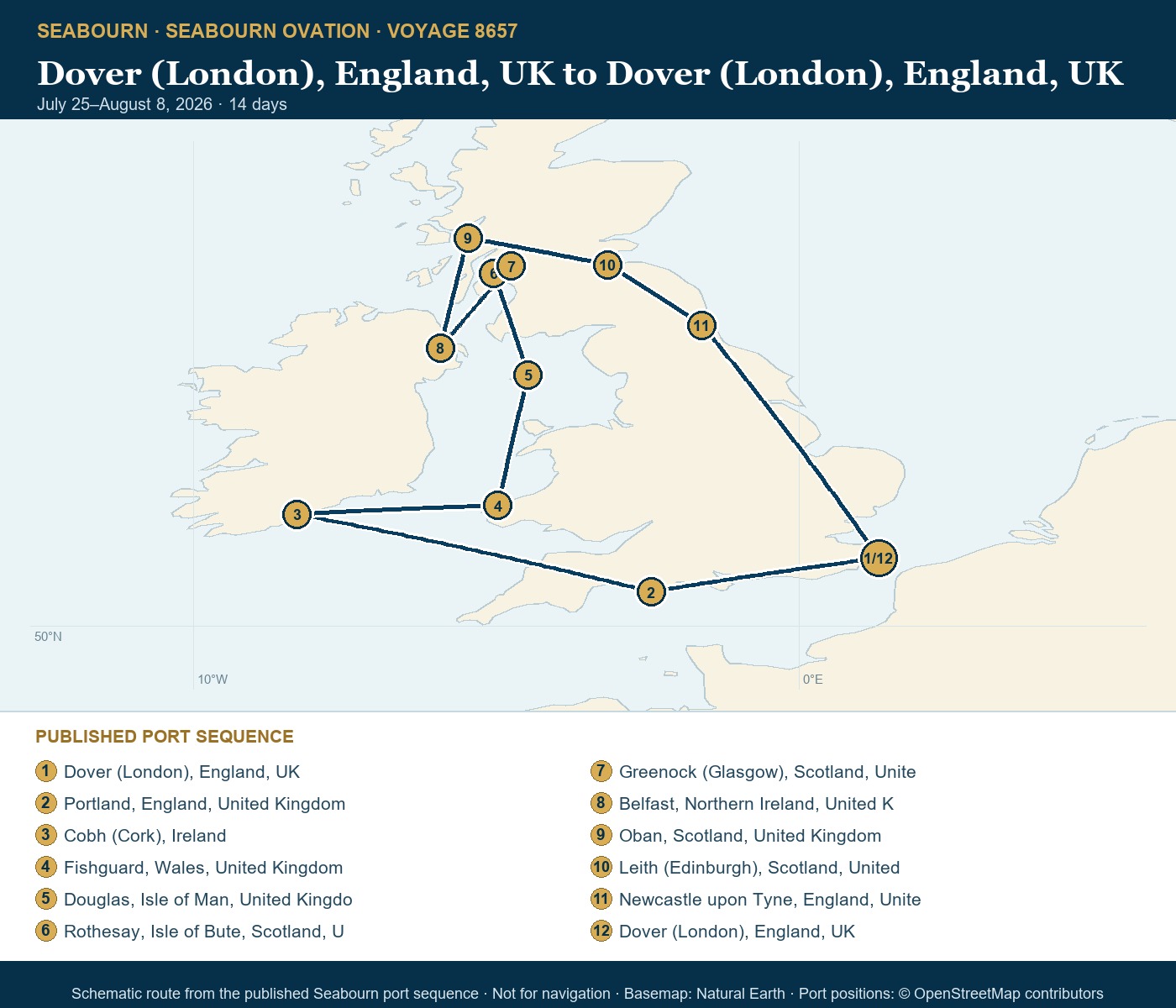 Seabourn Ovation Voyage 8657 Dover (London), England, UK to Dover (London), England, UK itinerary map