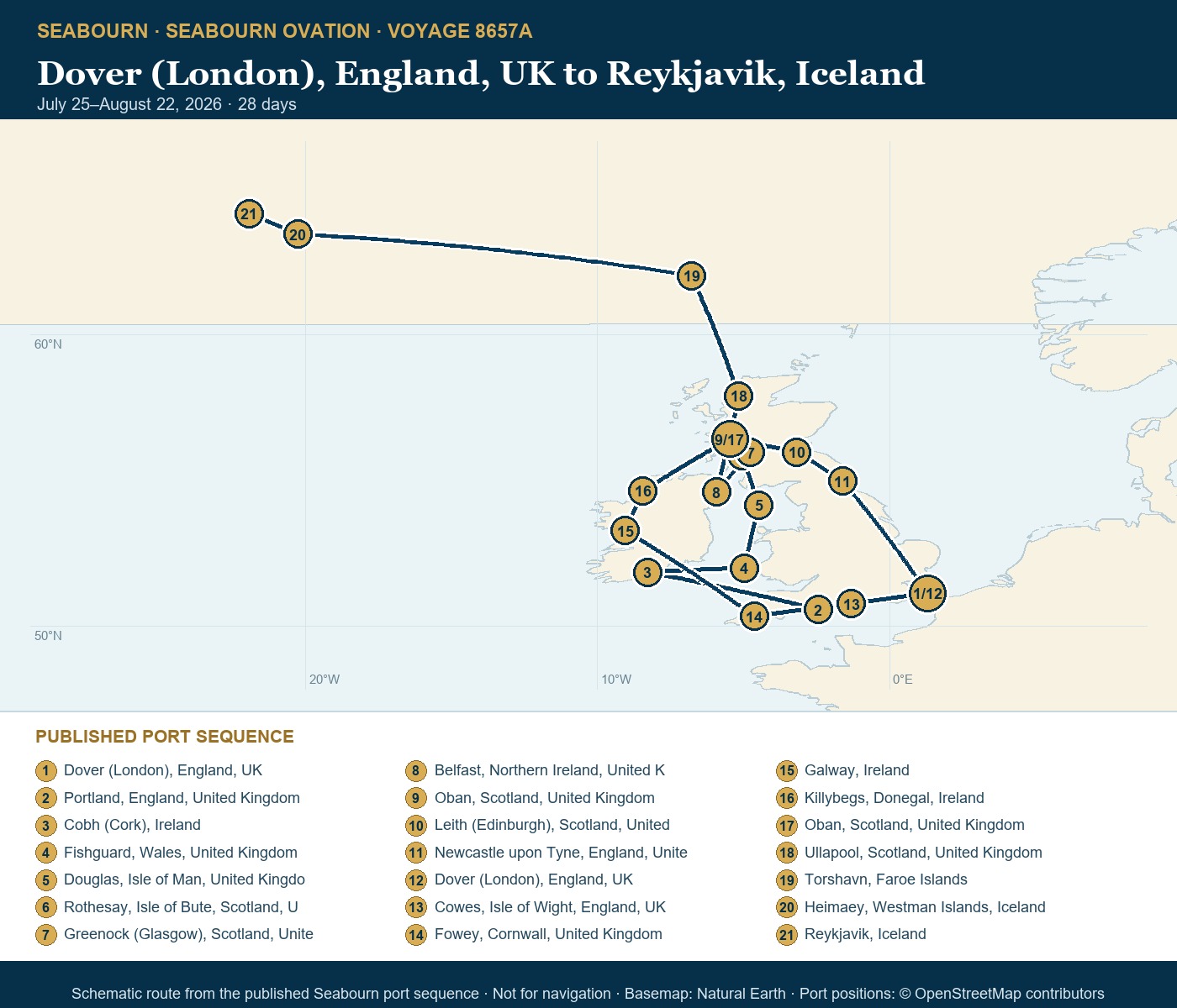 Seabourn Ovation Voyage 8657A Dover (London), England, UK to Reykjavik, Iceland itinerary map