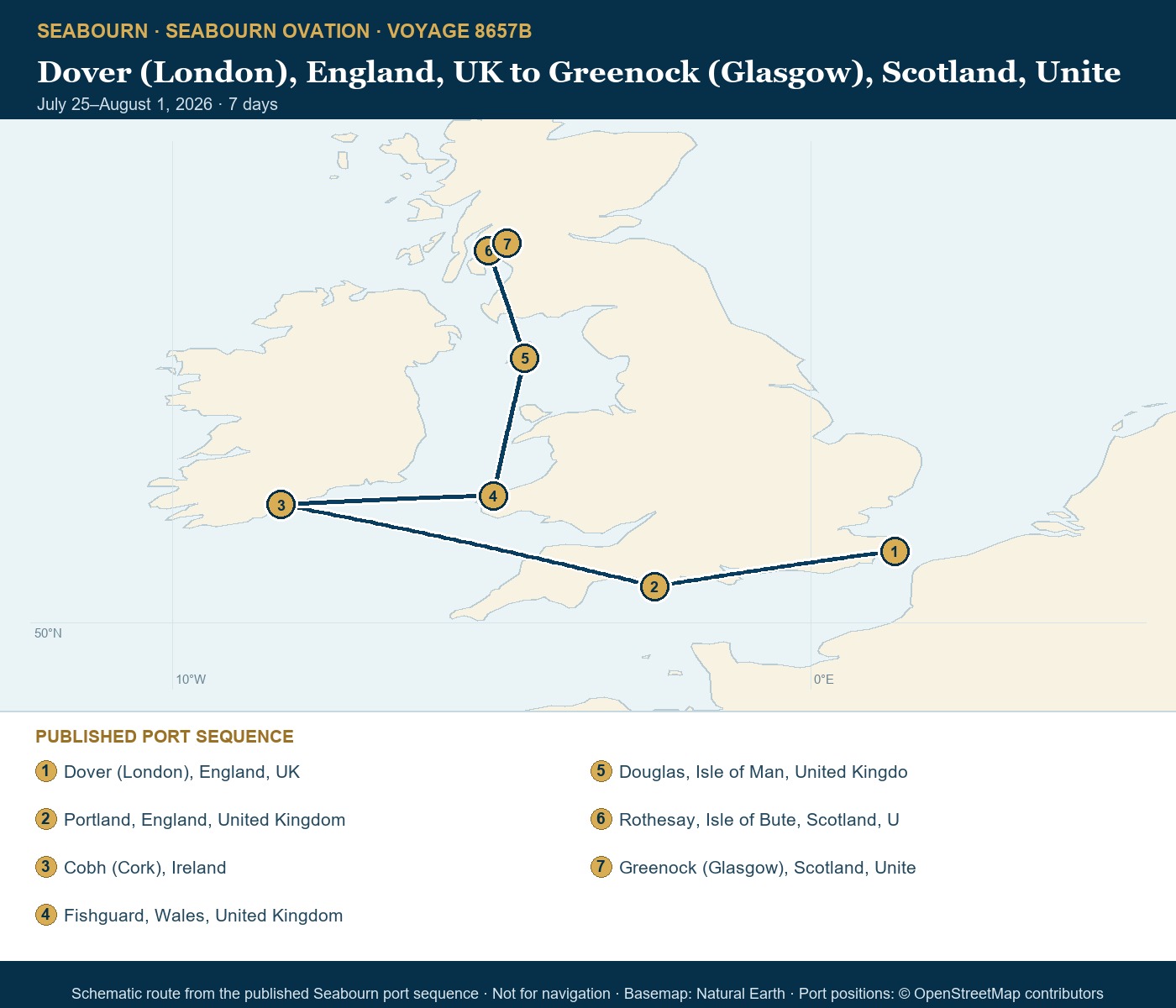 Seabourn Ovation Voyage 8657B Dover (London), England, UK to Greenock (Glasgow), Scotland, Unite itinerary map