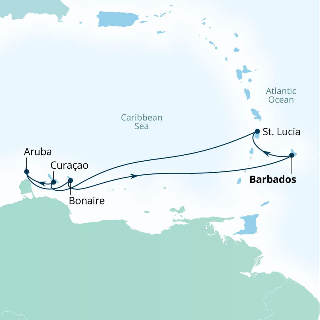 Seabourn Ovation 7-day Bridgetown, Barbados to Bridgetown, Barbados itinerary map, January 2-9 2027