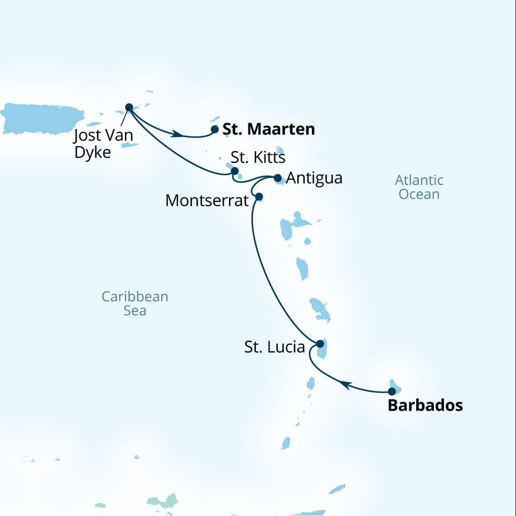 Seabourn Ovation 7-day Bridgetown, Barbados to Philipsburg, Sint Maarten itinerary map, January 9-16 2027