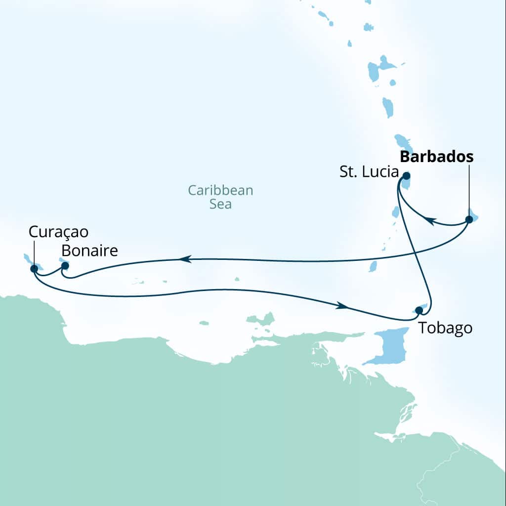 Seabourn Ovation 7-day Bridgetown, Barbados to Bridgetown, Barbados itinerary map, December 11-18 2027