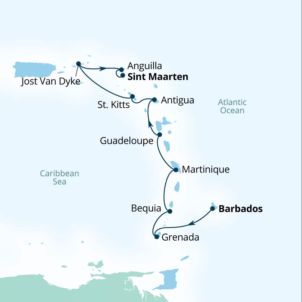 Seabourn Ovation 10-day Bridgetown, Barbados to Philipsburg, Sint Maarten itinerary map, December 18-28 2027
