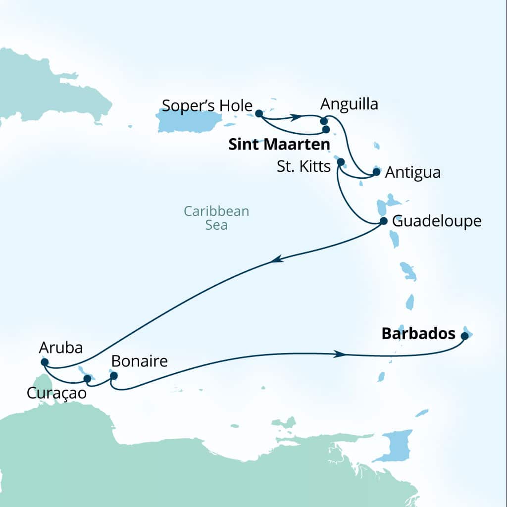 Seabourn Ovation 11-day Philipsburg, Sint Maarten to Bridgetown, Barbados itinerary map, December 28-January 8 2028