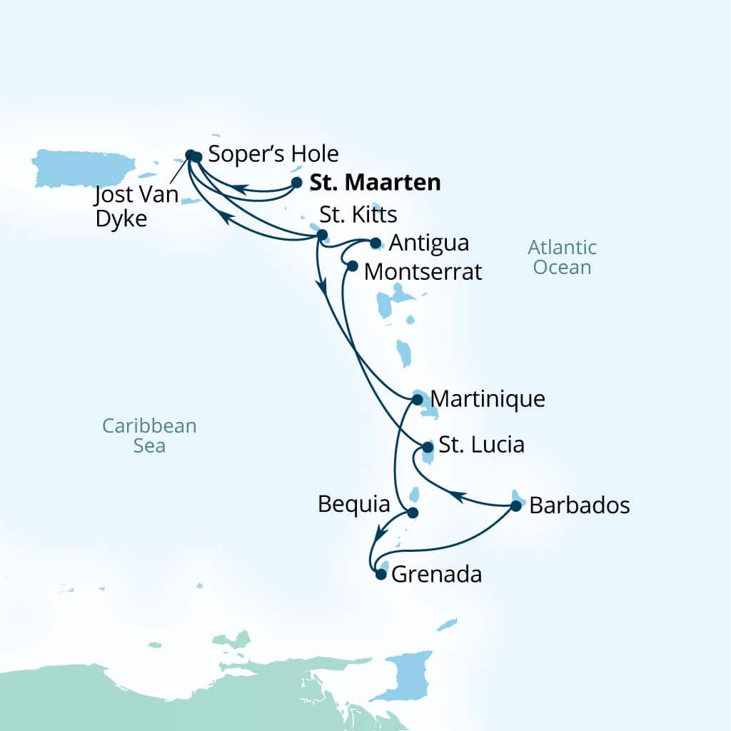 Seabourn Ovation 14-day Philipsburg, Sint Maarten to Philipsburg, Sint Maarten itinerary map, March 6-20 2027