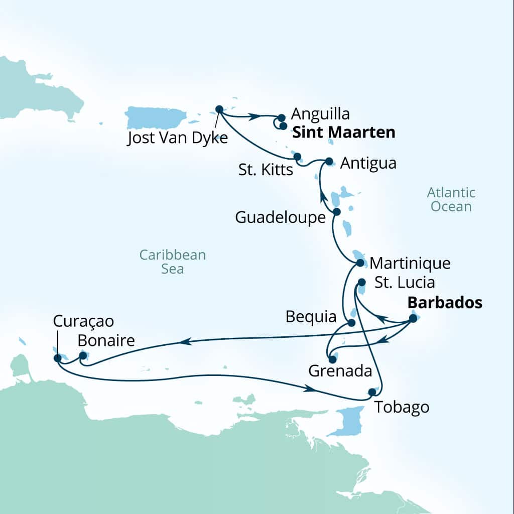 Seabourn Ovation 17-day Bridgetown, Barbados to Philipsburg, Sint Maarten itinerary map, December 11-28 2027