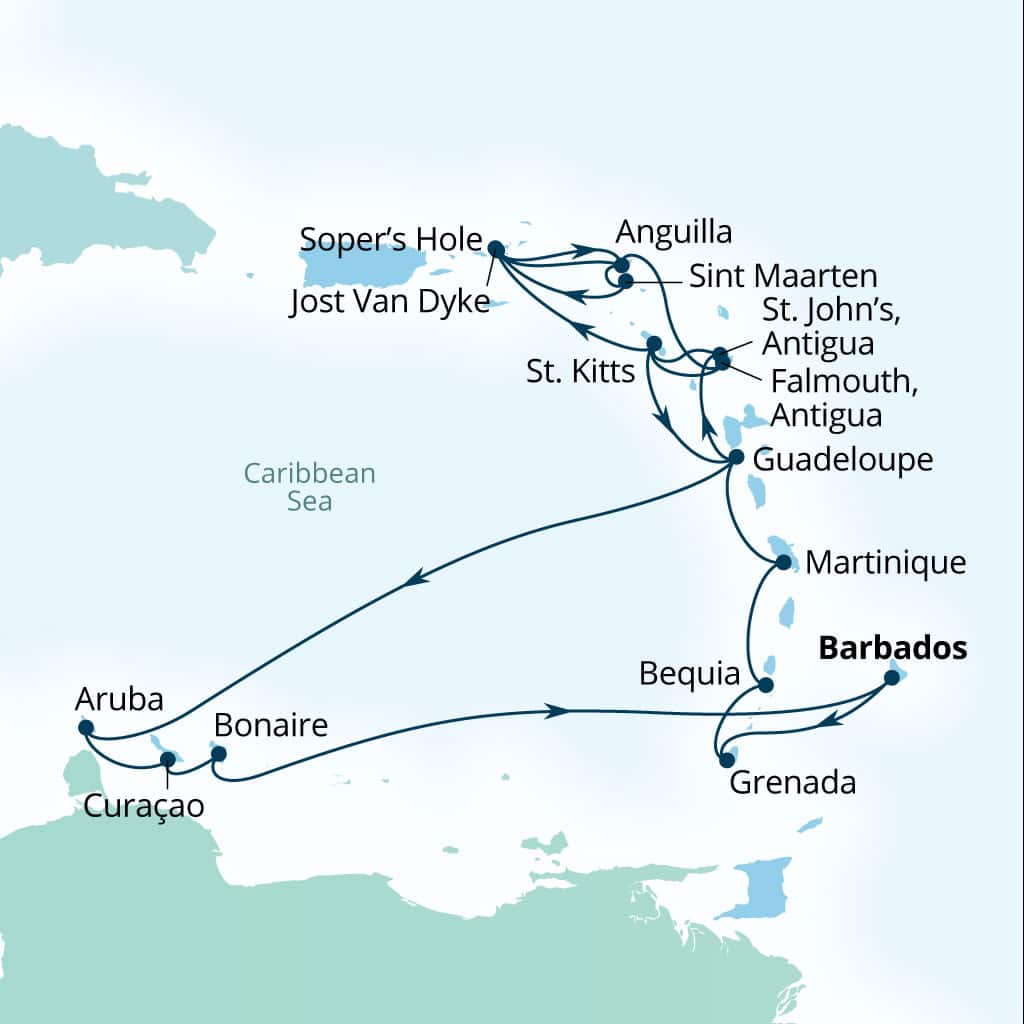 Seabourn Ovation 21-day Bridgetown, Barbados to Bridgetown, Barbados itinerary map, December 18-January 8 2028