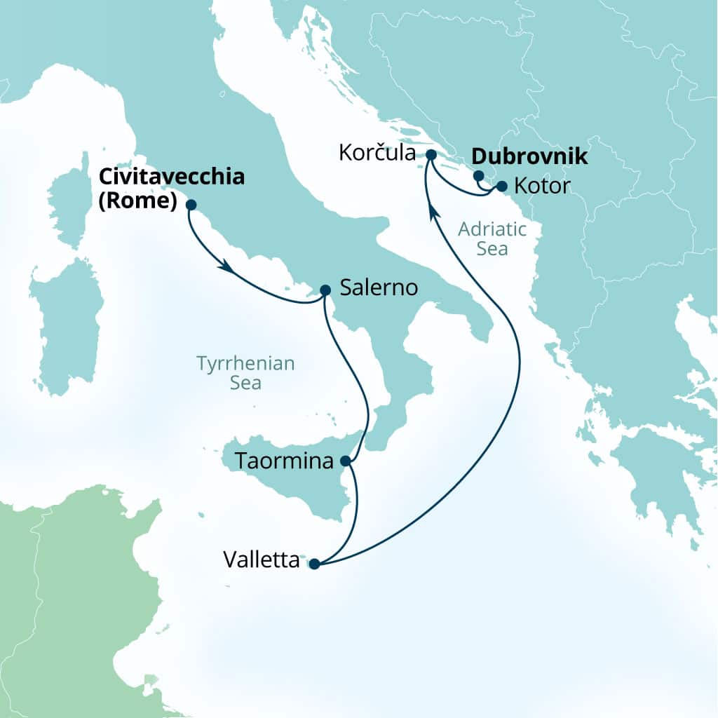 Seabourn Ovation 7-day Civitavecchia (Rome), Italy to Dubrovnik, Croatia itinerary map, May 8-15 2027