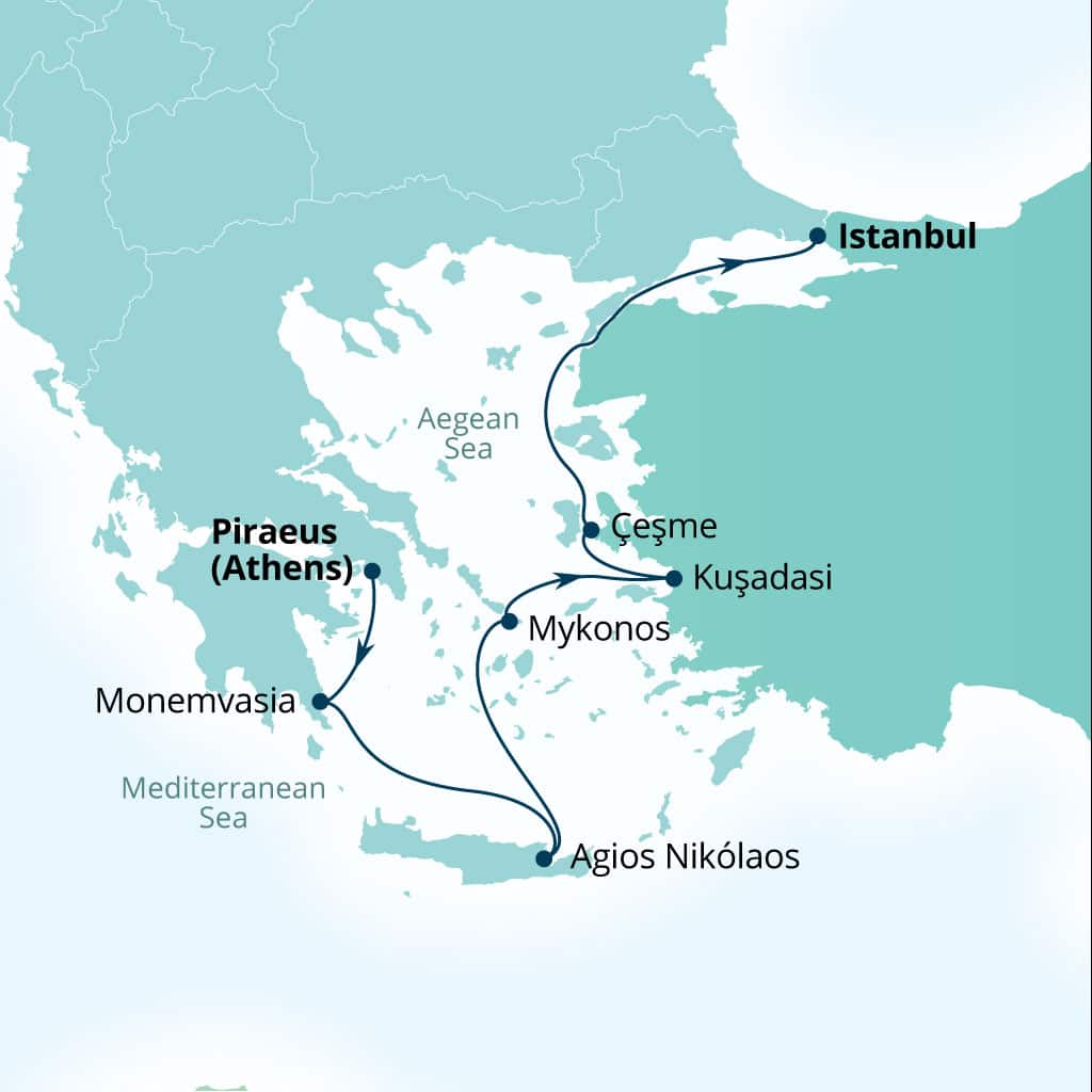 Seabourn Ovation 7-day Piraeus (Athens), Greece to Istanbul, Turkey itinerary map, May 22-29 2027