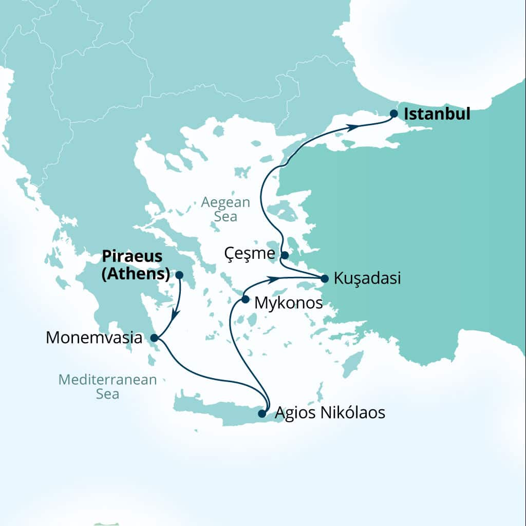 Seabourn Ovation 7-day Piraeus (Athens), Greece to Istanbul, Turkey itinerary map, August 14-21 2027