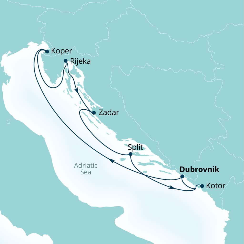 Seabourn Ovation 7-day Dubrovnik, Croatia to Dubrovnik, Croatia itinerary map, September 4-11 2027