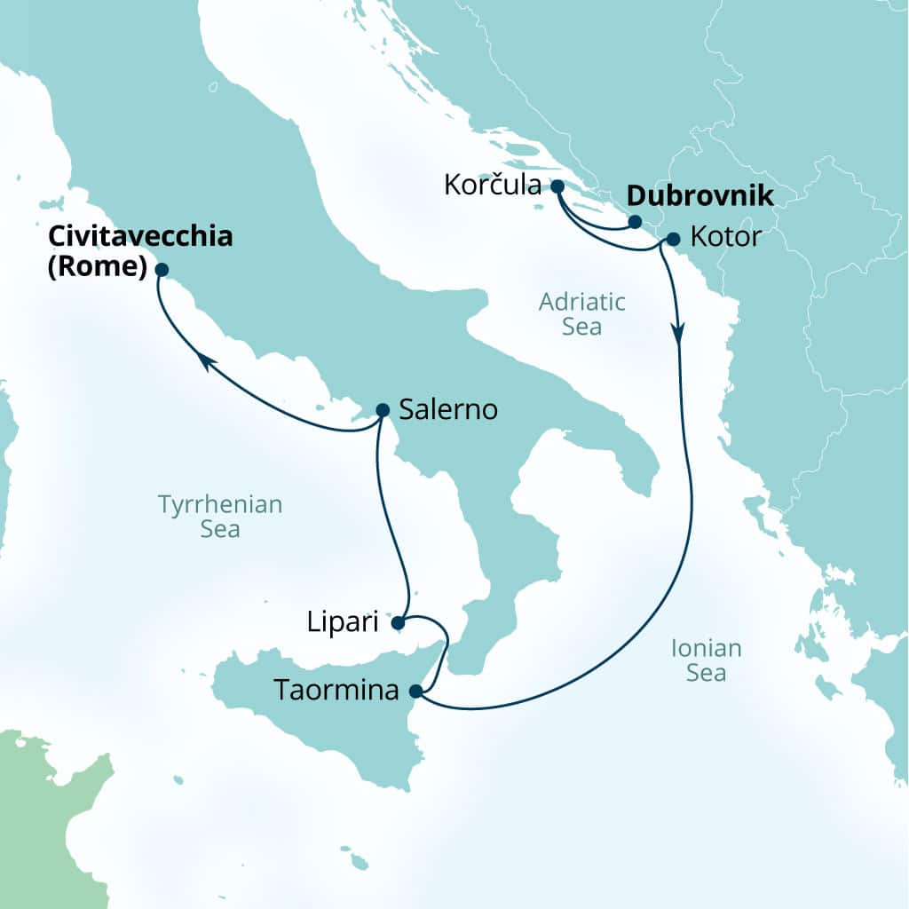 Seabourn Ovation 7-day Dubrovnik, Croatia to Civitavecchia (Rome), Italy itinerary map, September 11-18 2027