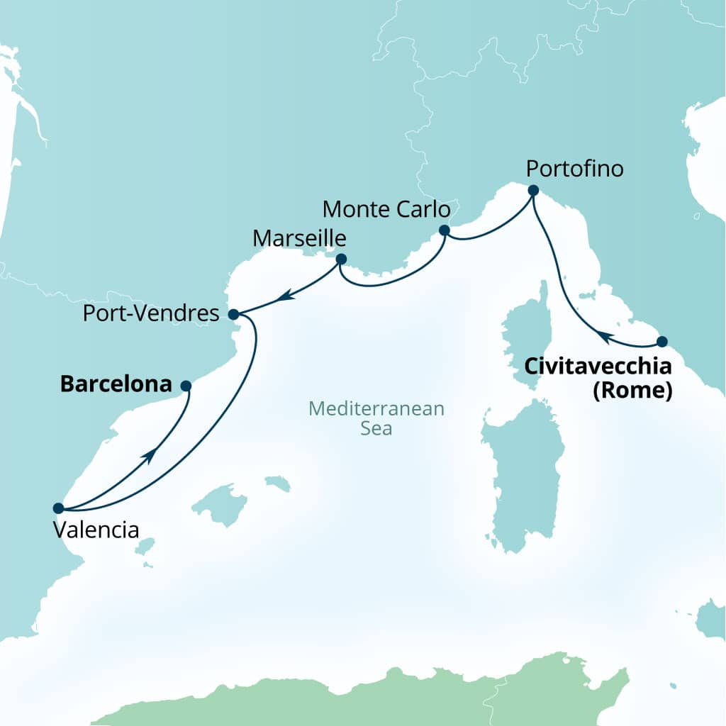 Seabourn Ovation 7-day Civitavecchia (Rome), Italy to Barcelona, Spain itinerary map, September 18-25 2027