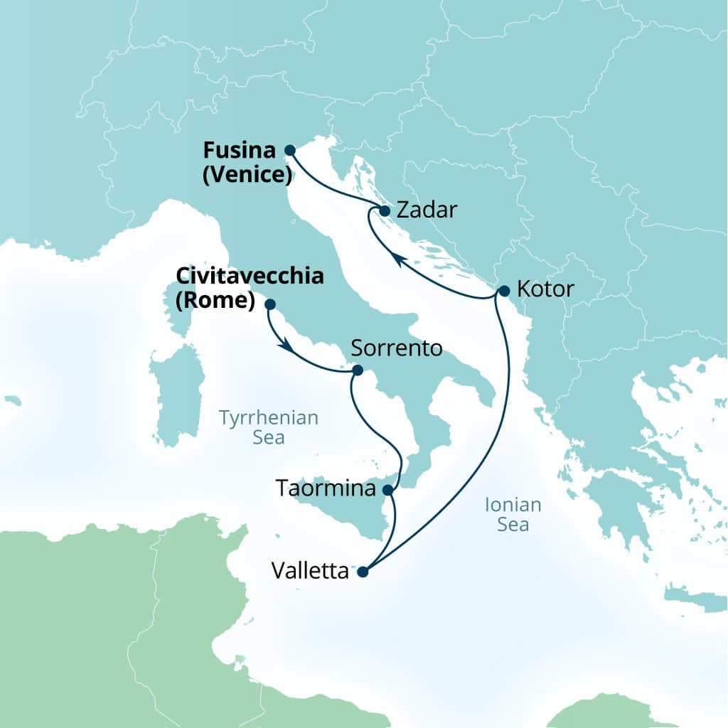 Seabourn Ovation 7-day Civitavecchia (Rome), Italy to Fusina (Venice), Italy itinerary map, October 2-9 2027