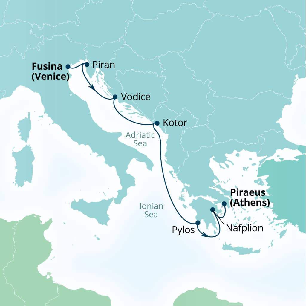 Seabourn Ovation 7-day Fusina (Venice), Italy to Piraeus (Athens), Greece itinerary map, October 9-16 2027