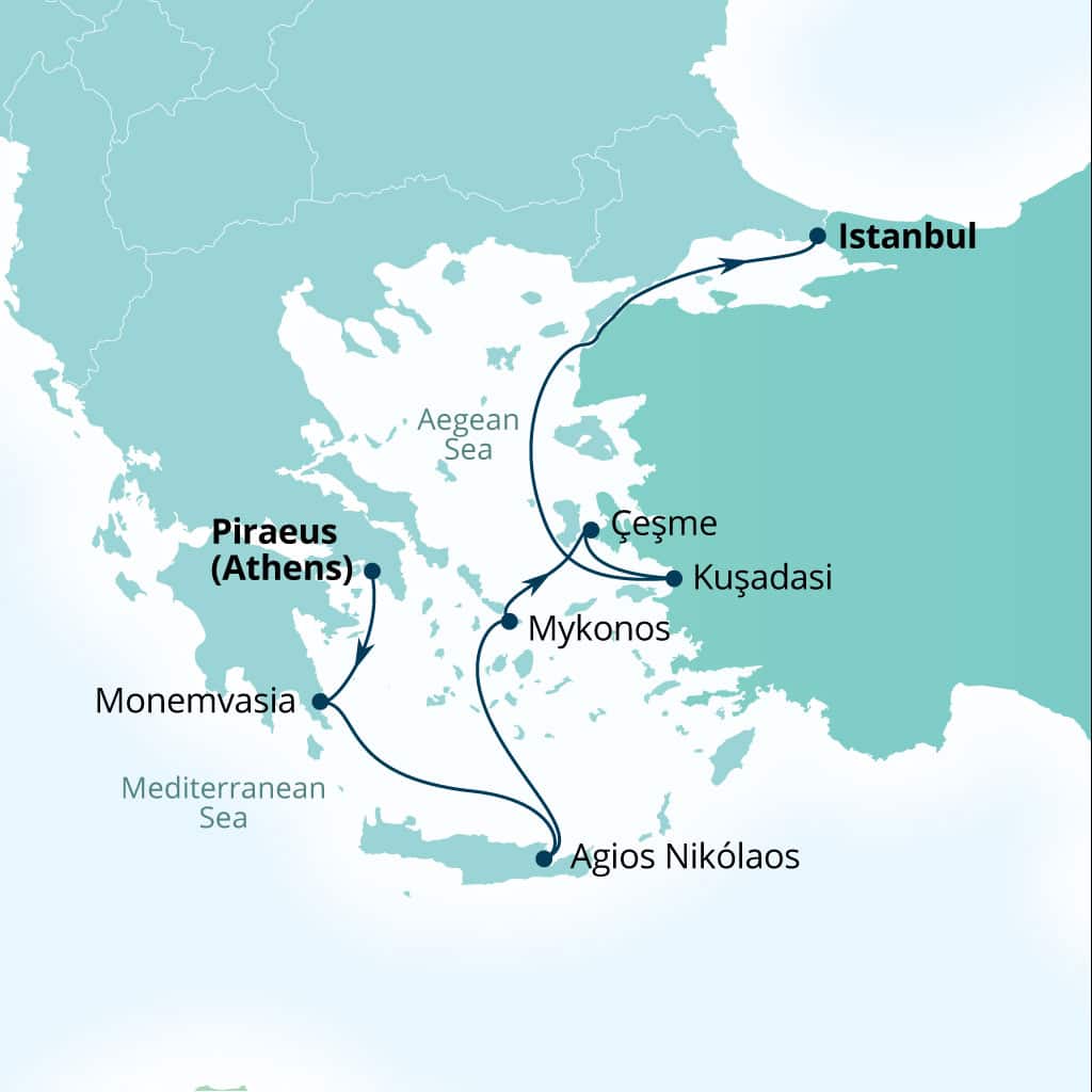 Seabourn Ovation 7-day Piraeus (Athens), Greece to Istanbul, Turkey itinerary map, October 16-23 2027