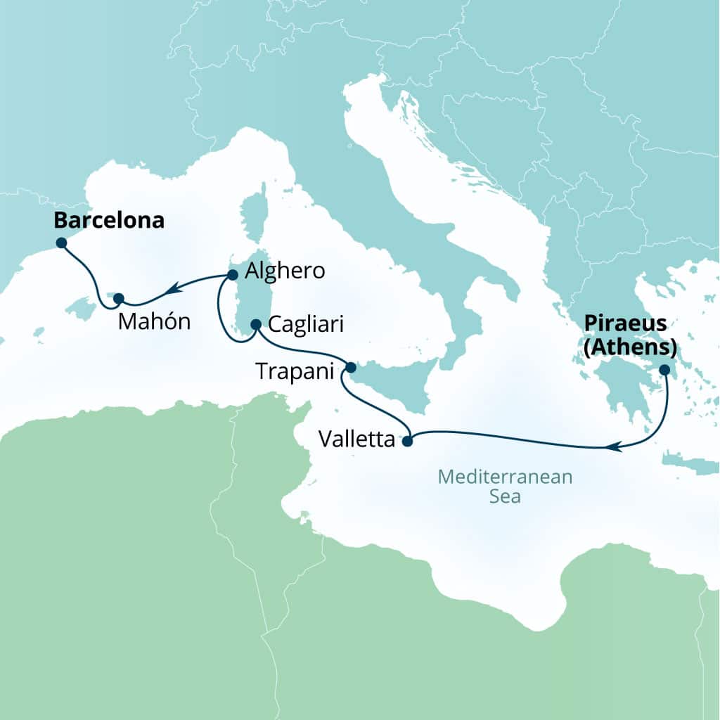 Seabourn Ovation 7-day Piraeus (Athens), Greece to Barcelona, Spain itinerary map, October 30-November 6 2027