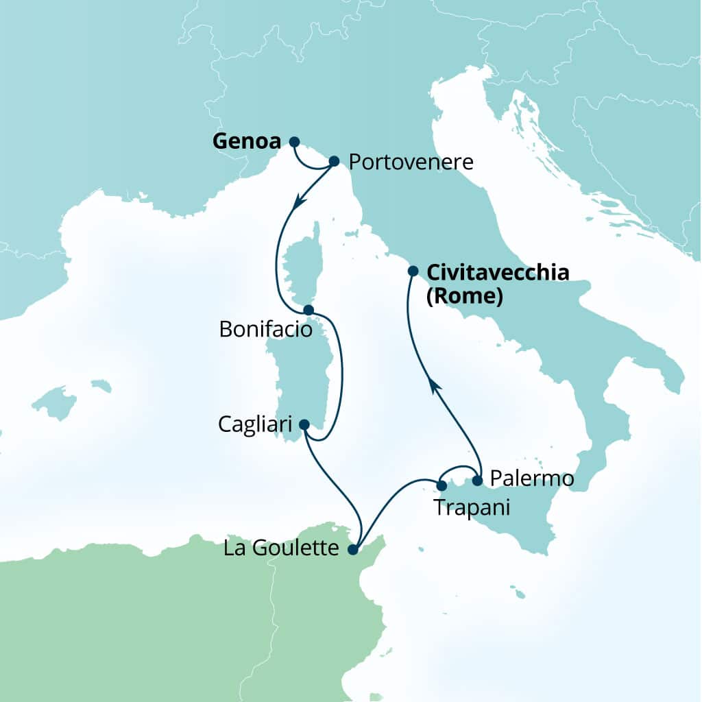 Seabourn Ovation 8-day Genoa, Italy to Civitavecchia (Rome), Italy itinerary map, April 30-May 8 2027