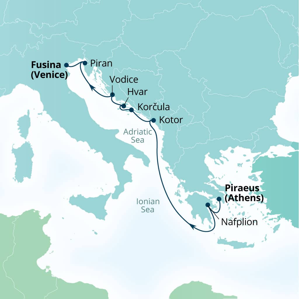 Seabourn Ovation 8-day Piraeus (Athens), Greece to Fusina (Venice), Italy itinerary map, June 5-13 2027