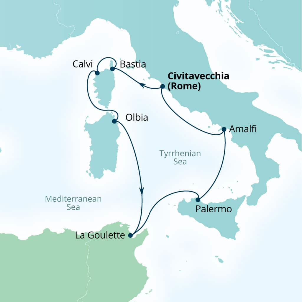 Seabourn Ovation 8-day Civitavecchia (Rome), Italy to Civitavecchia (Rome), Italy itinerary map, June 21-29 2027