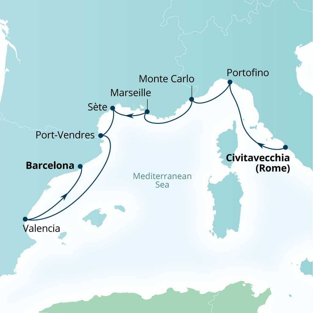 Seabourn Ovation 8-day Civitavecchia (Rome), Italy to Barcelona, Spain itinerary map, June 29-July 7 2027